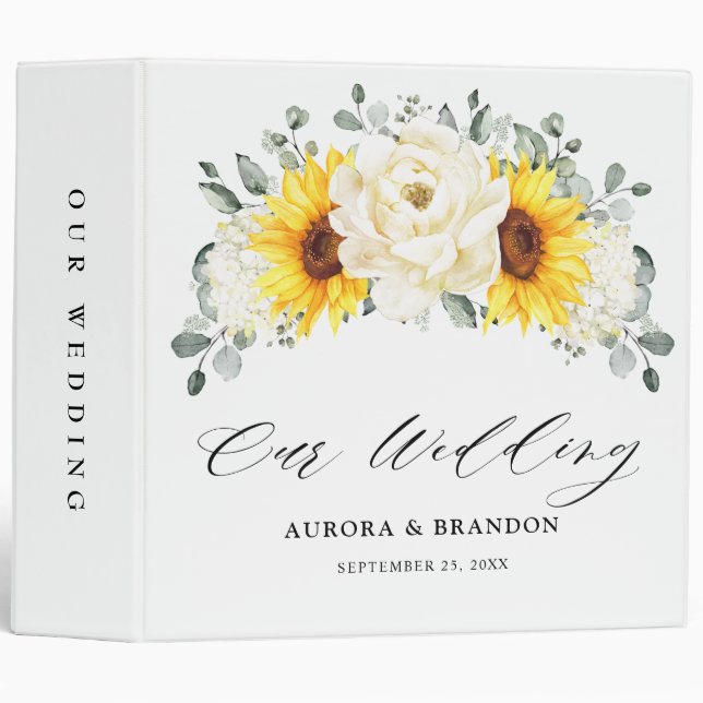 Sunflower Ivory Peony Floral Eucalyptus Wedding    3 Ring Binder (Front/Spine)