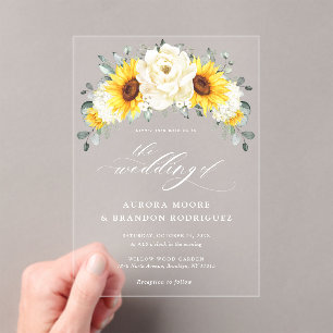 Sunflower Ivory Peony Floral Eucalyptus Wedding    Acrylic Invitations