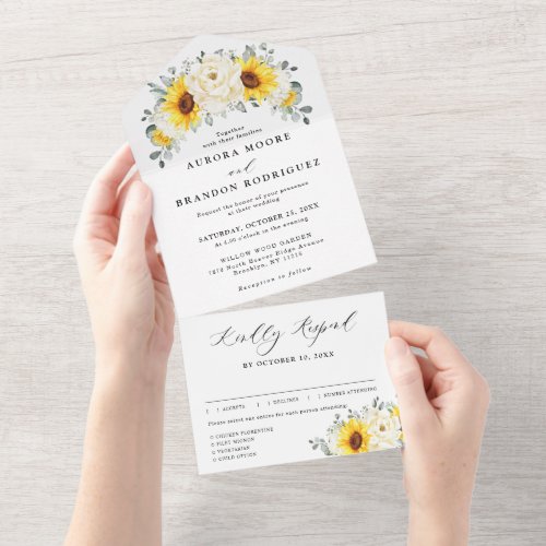 Sunflower Ivory Peony Floral Eucalyptus Wedding    All In One Invitation
