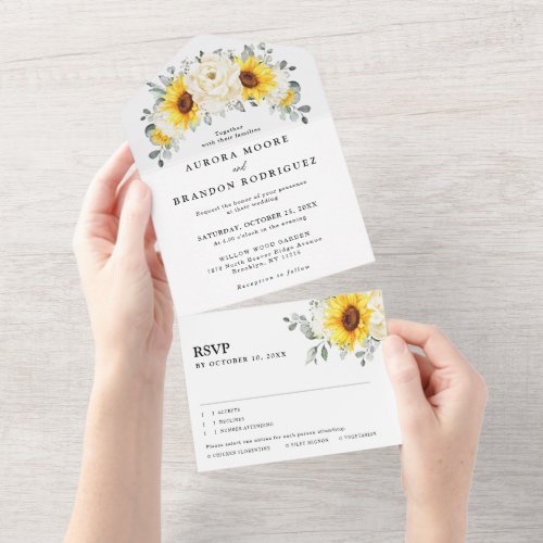 Sunflower Ivory Peony Floral Eucalyptus Wedding    All In One Invitation