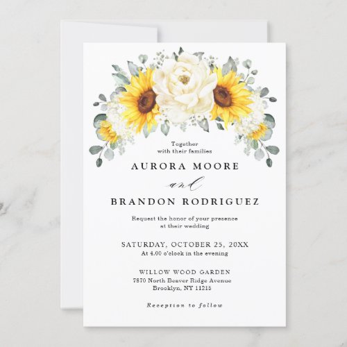 Sunflower Ivory Peony Floral  Eucalyptus Wedding   Invitation
