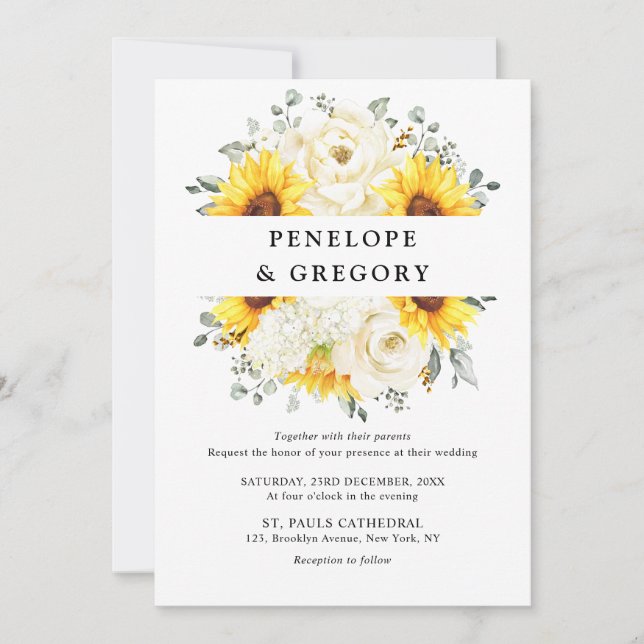 Sunflower Ivory Peony Floral Eucalyptus Wedding    Invitation (Front)