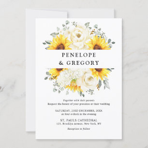 Sunflower Ivory Peony Floral Eucalyptus Wedding    Invitation