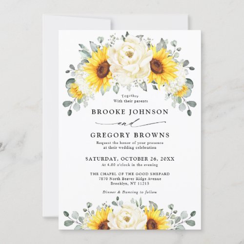 Sunflower Ivory Peony Floral Eucalyptus Wedding   Invitation