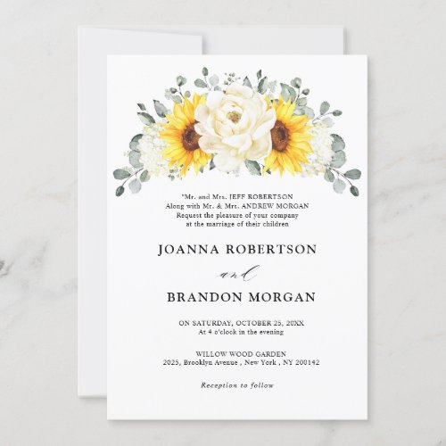 Sunflower Ivory Peony Floral Eucalyptus Wedding    Invitation