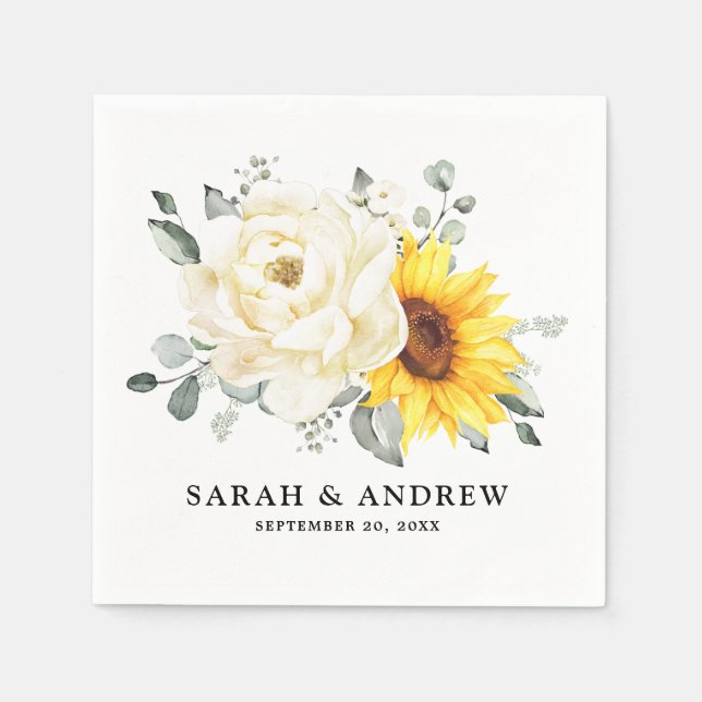 Sunflower Ivory Peony Floral Eucalyptus Wedding    Napkins (Front)