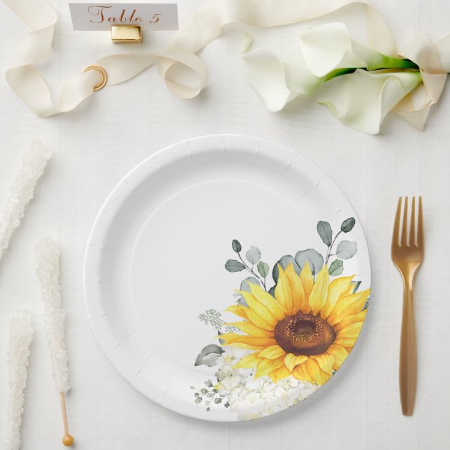  Sunflower Ivory Peony Floral Eucalyptus Wedding  Paper Plates (Wedding)