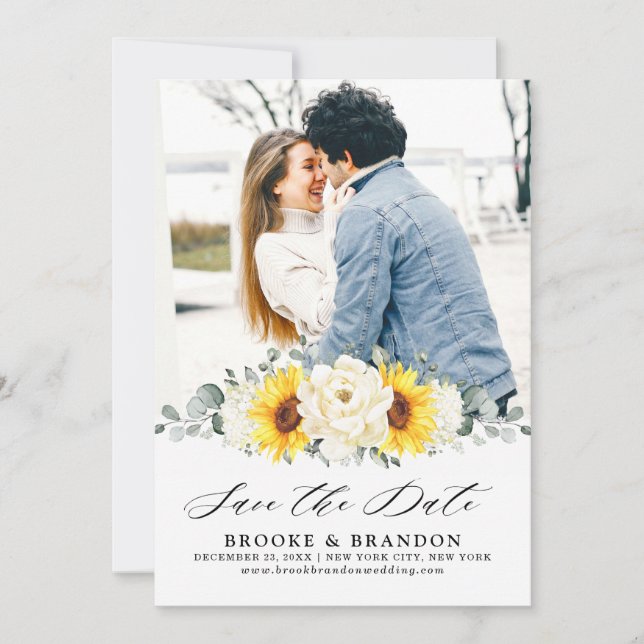 Sunflower Ivory Peony Floral Eucalyptus Wedding    Save The Date (Front)