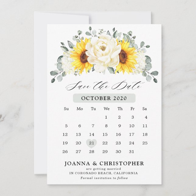 Sunflower Ivory Peony Floral Eucalyptus Wedding    Save The Date (Front)