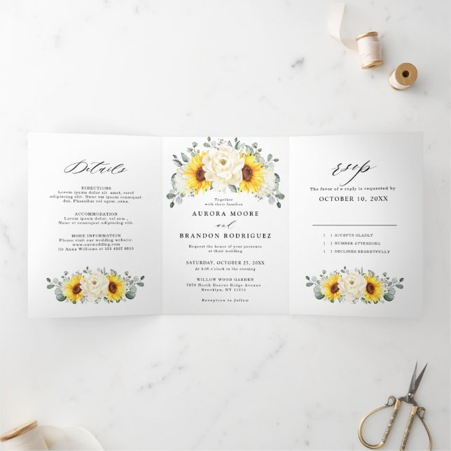 Sunflower Ivory Peony Floral Eucalyptus Wedding    Tri-Fold Announcement (Inside)