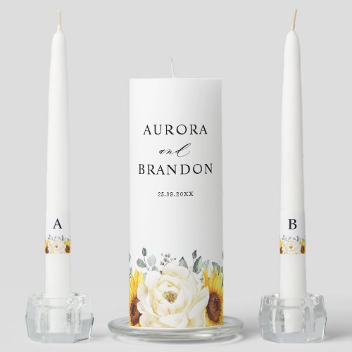 Sunflower Ivory Peony Floral Eucalyptus Wedding    Unity Candle Set