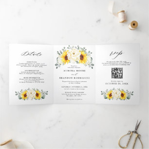 Sunflower Ivory Peony Floral QR Code Wedding    Tri-Fold Announcement