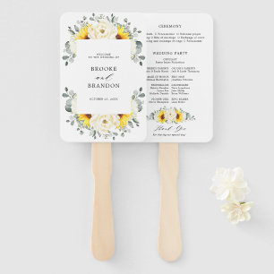 Sunflower Ivory Peony Floral Wedding Program Hand Fan