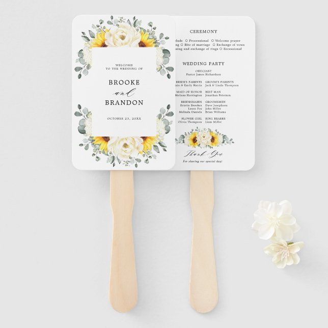 Sunflower Ivory Peony Floral Wedding Program Hand Fan (Front and Back)