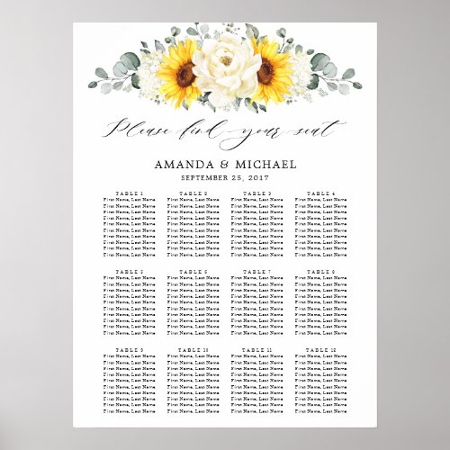 Sunflower Ivory Peony Floral Wedding Seating Chart