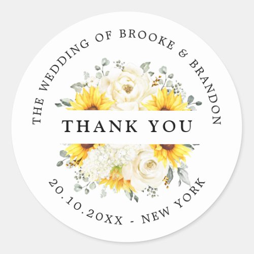 Sunflower Ivory Peony Floral Wedding Thank you Classic Round Sticker
