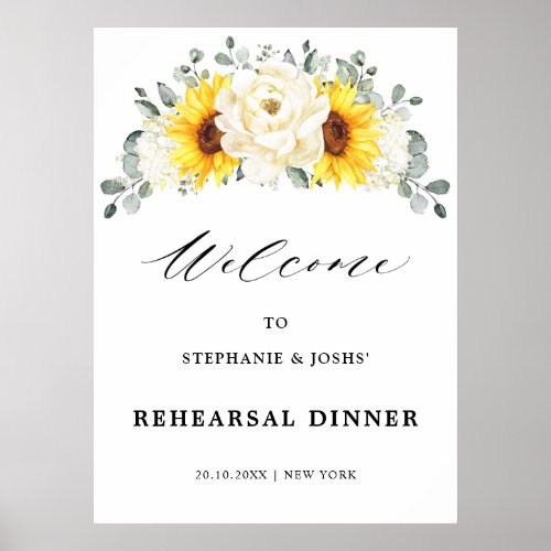 Sunflower Ivory Peony Rehearsal Dinner Welcome Poster