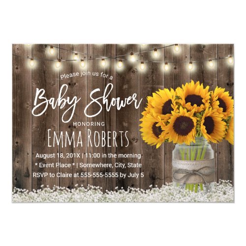 Sunflower Jar Country Floral Barn Wood Baby Shower Invitation