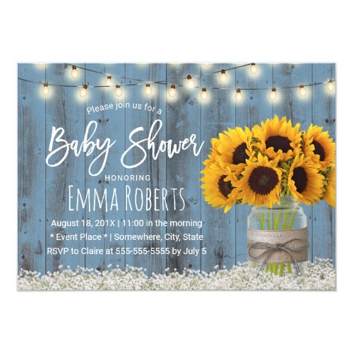 Sunflower Jar Dusty Blue Barn Wood Baby Shower Invitation