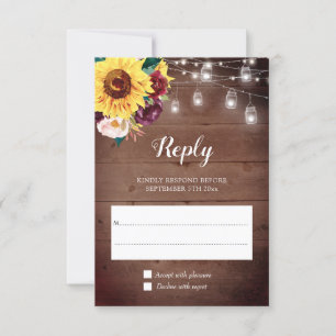 Sunflower Jar Lights Burgundy Blush Floral Wedding RSVP Card