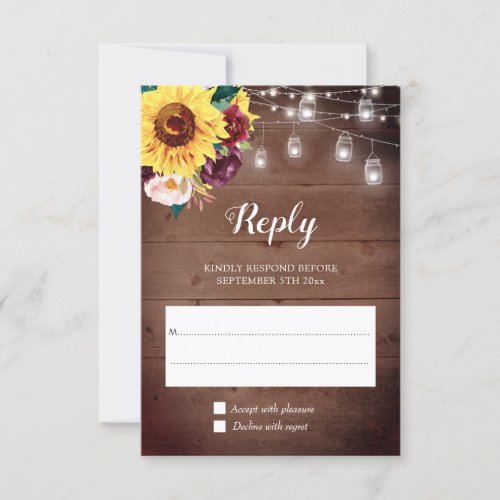 Sunflower Jar Lights Burgundy Blush Floral Wedding RSVP Card