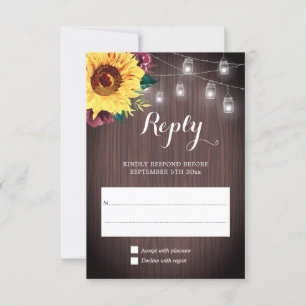 Sunflower Jar Lights Burgundy Floral Wedding RSVP Card