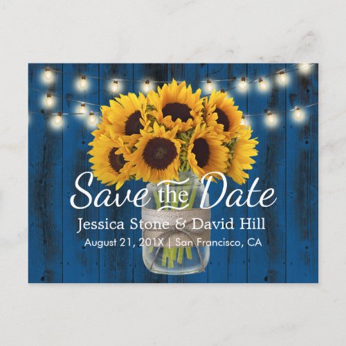 Sunflower Jar Navy Blue Barn Wedding Save the Date Announcement Postcard