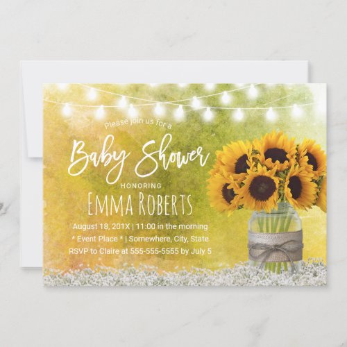 Sunflower Jar Rustic Floral Watercolor Baby Shower Invitation