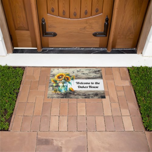 Sunflower Jar Vase Watercolor Rustic Wood Doormat