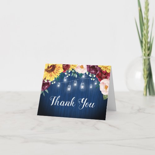 Sunflower Jars Floral Navy Blue Bridal Shower Thank You Card