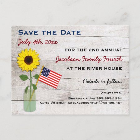 Sunflower July 4th Party Or Reunion Save The Date Announcement Postcar