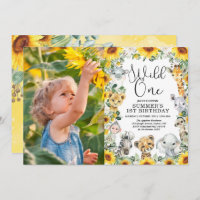 Sunflower Jungle Animals Wild One Birthday Photo Invitation