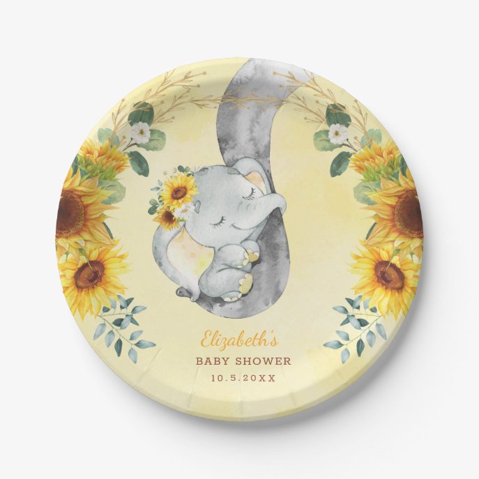 Sunflower Jungle Elephant Baby Shower 1st Birthday Paper Plate