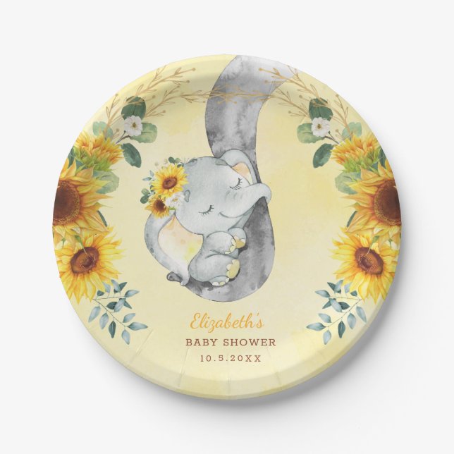 Sunflower Jungle Elephant Baby Shower 1st Birthday Paper Plates (Front)