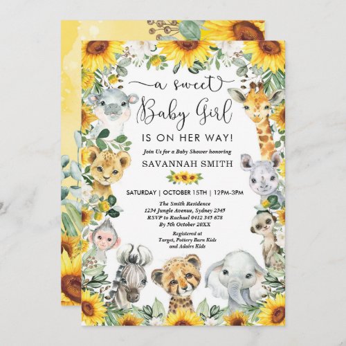 Sunflower Jungle Safari Animals Girl Baby Shower Invitation