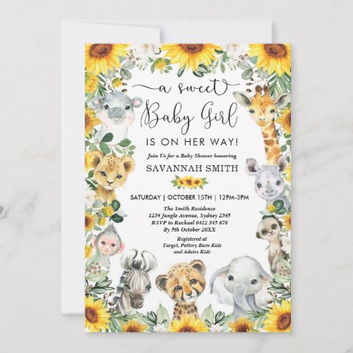 Sunflower Jungle Safari Animals Girl Baby Shower Invitation