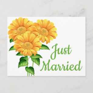 Sunflower Just Married Green Floral Wedding Summer Announcement Postcard