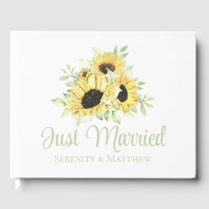 Sunflower Just Married Watercolor Floral Wedding Guest Book