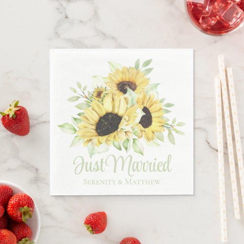 Sunflower Just Married Watercolor Floral Wedding Napkins