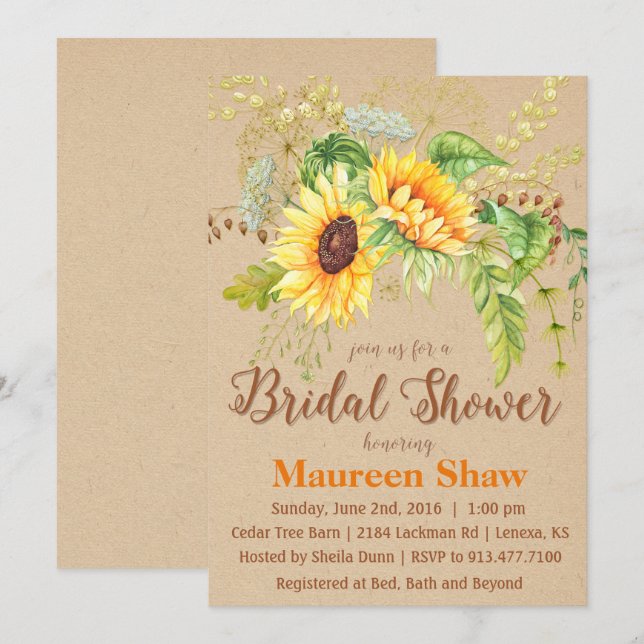 Sunflower Kraft Bridal Shower Invitation (Front/Back)