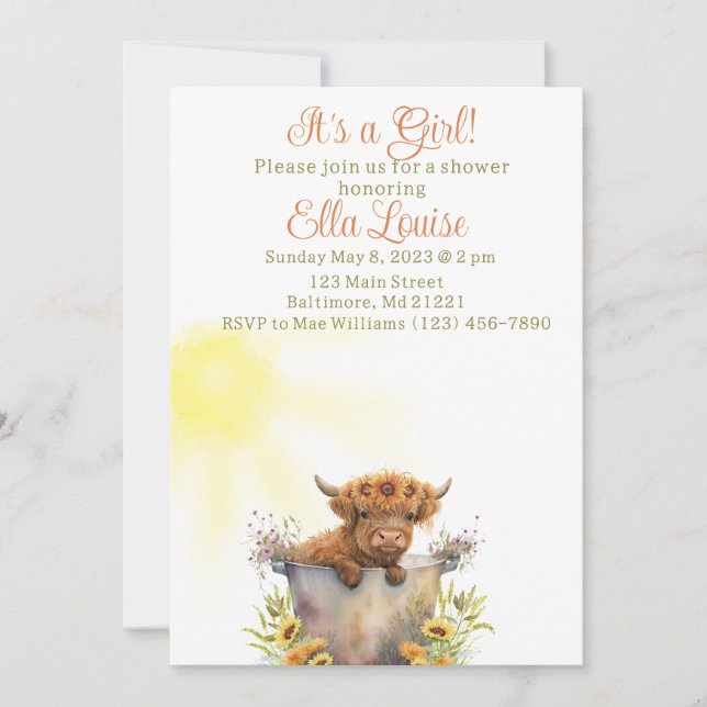 Sunflower l Highland cow baby shower invitation  (Front)