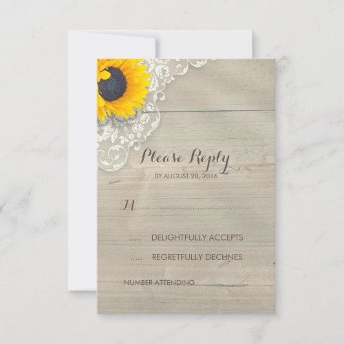 Sunflower Lace and Wood Rustic Wedding RSVP Card
