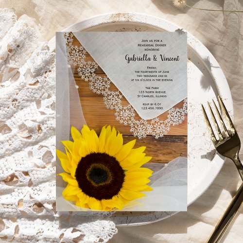 Sunflower Lace Country Wedding Rehearsal Dinner Invitation