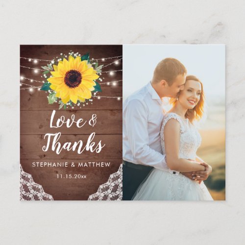 Sunflower Lace Floral Wedding Photo Thank You Postcard