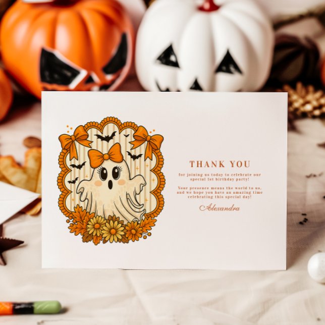 Sunflower Lace Ghost Halloween 1st Birthday Thank You Card (Creator Uploaded)