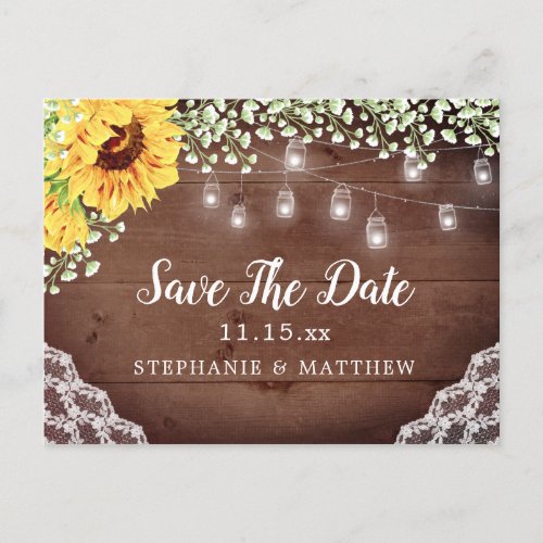 Sunflower Lace Mason Jar Lights Save The Date Announcement Postcard