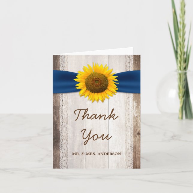 Sunflower Lace Navy Ribbon Barn Wood Thank You (Front)