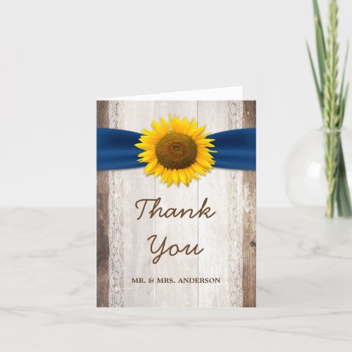 Sunflower Lace Navy Ribbon Barn Wood Thank You