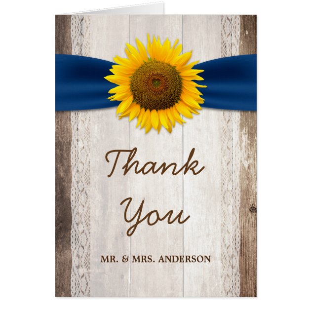 Sunflower Lace Navy Ribbon Barn Wood Thank You Card