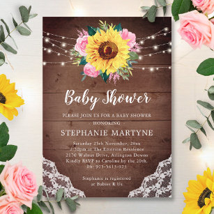 Sunflower Lace Pink Floral Rustic Baby Shower Invitation